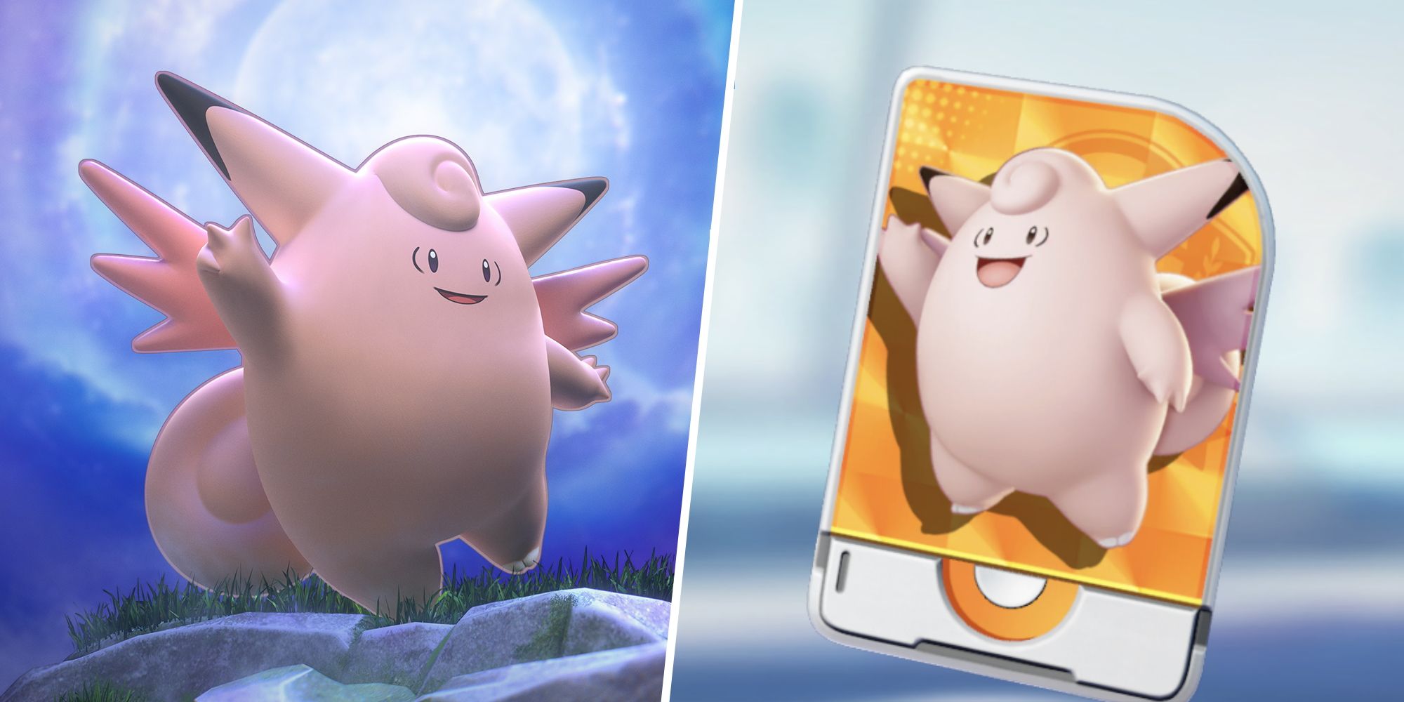 Clefable in the moonlight on the left with the Clefable Unite License from Pokemon Unite on the right.