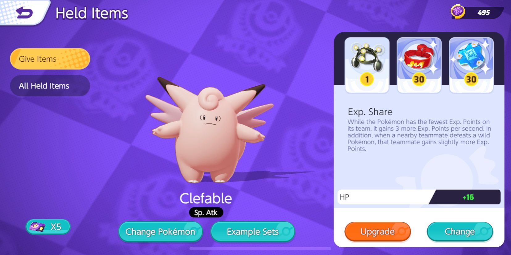 Clefable Held Item customization screen with Exp. Share, Focus Band, and Buddy Barrier equipped