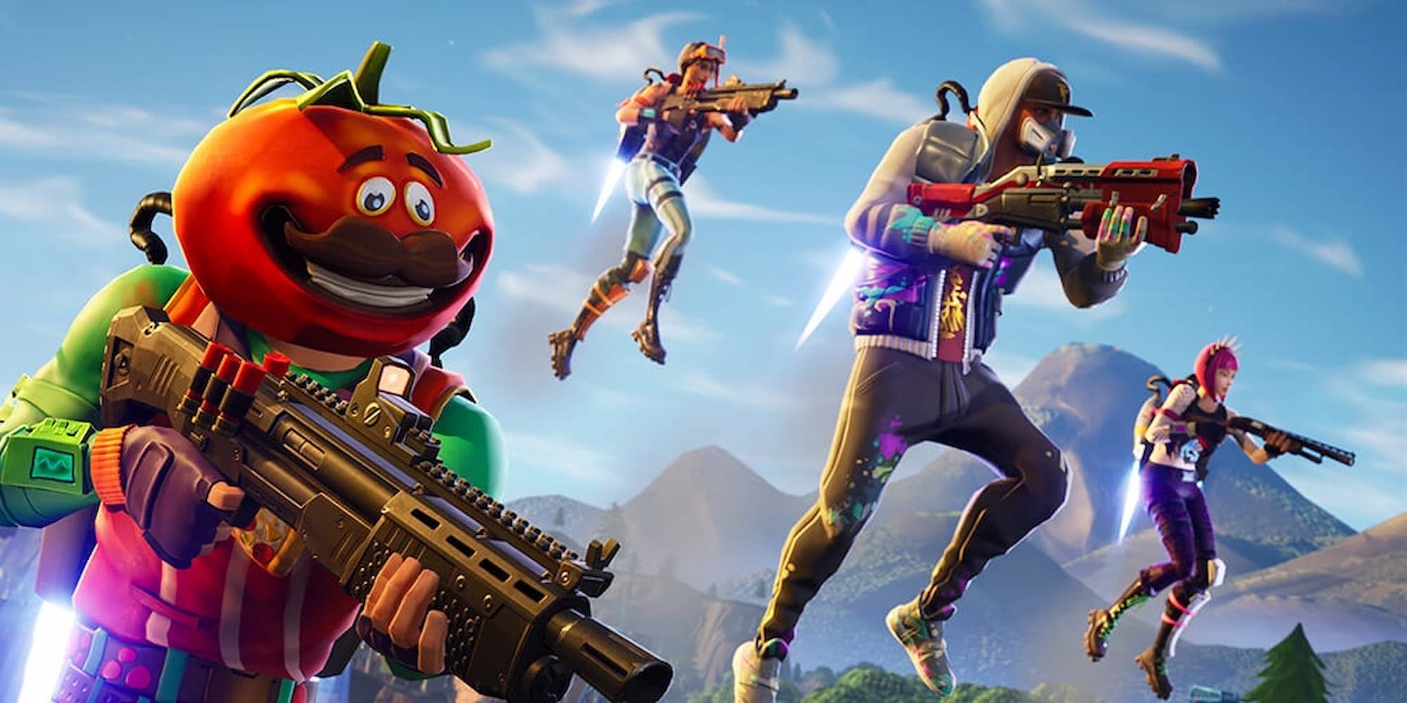 Multiple Fortnite skins jetpack forward with shotguns in the Close Encounters LTM.