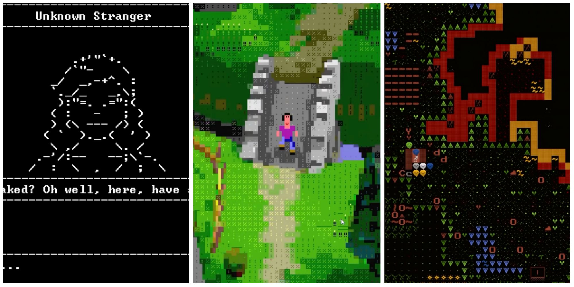 A collage of images from SanctuaryRPG, ASCIICKER, and Dwarf Fortress