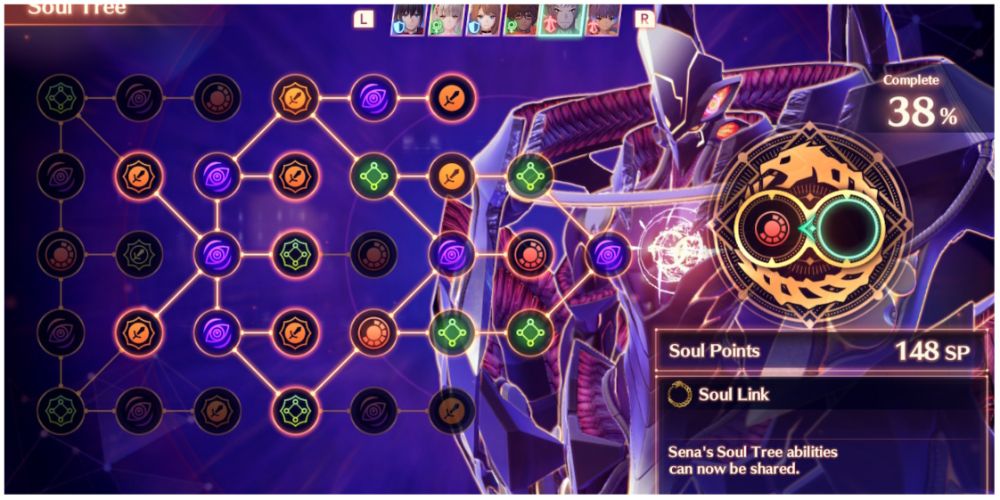 Lanz looks at his Ouroboros skill tree and considers skills to use from Sena in Xenoblade Chronicles 3.