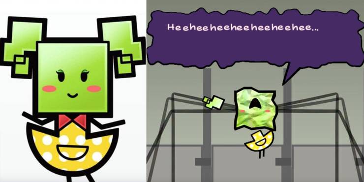 Mimi as she is normally seen, Mimi in her true spider-like form, giggling in a bathroom