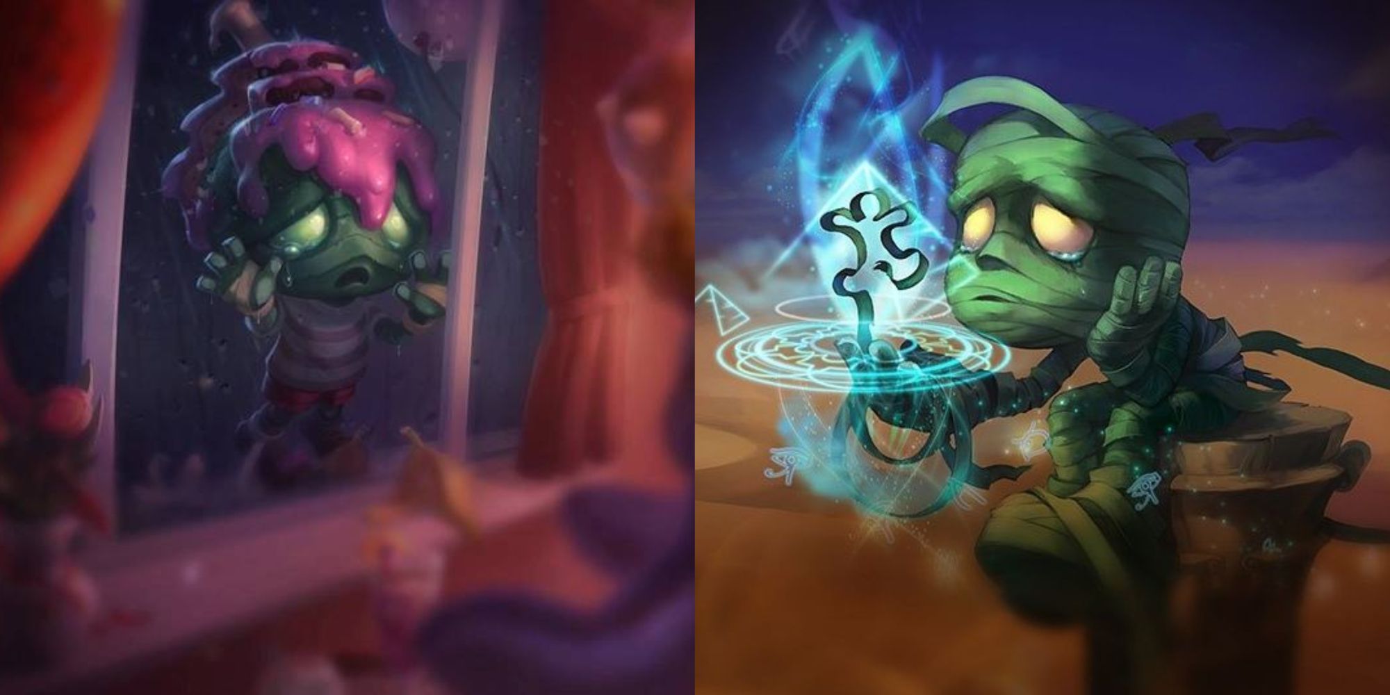 Surprise Party Amumu not being able to attend his own party, Amumu making a friend out of his wrappings in a desert
