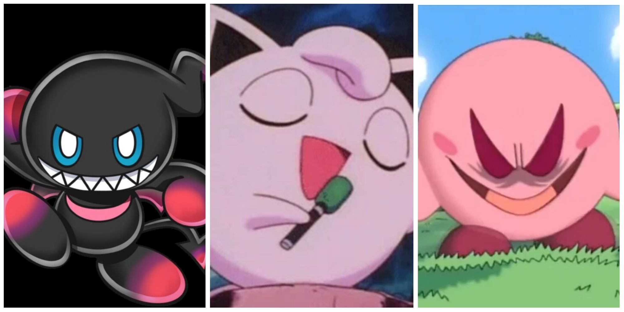 A collage of images of a Dark Chao, Jigglypuff, and Kirby