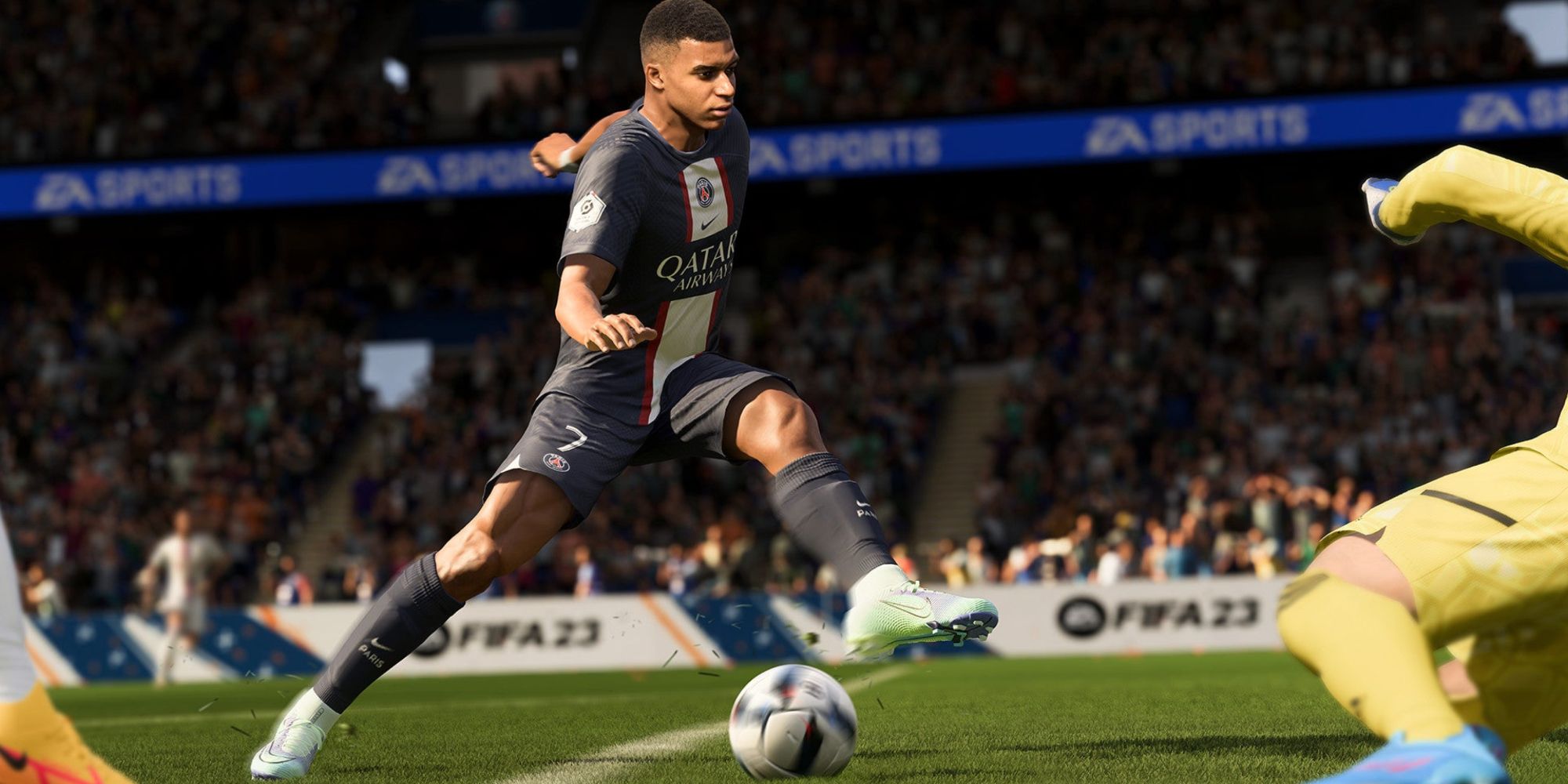 Kylian Mbappe dribbles across the field in FIFA 23.