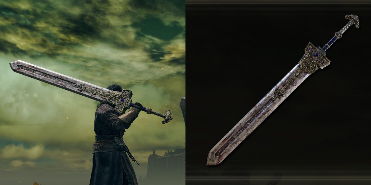 The Tarnished holds the Royal Greatsword in Elden Ring.
