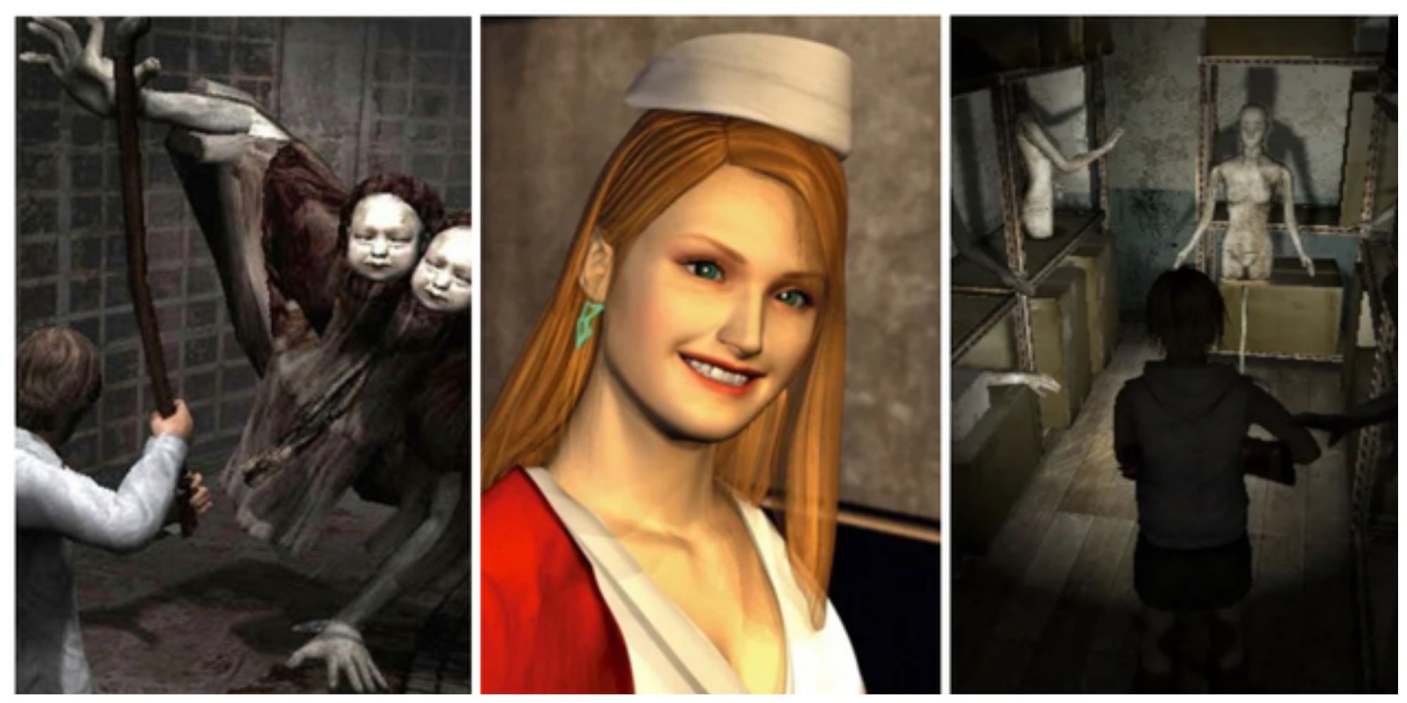 Split image screenshots of Henry and the Twin Victims in Silent Hill 4, Lisa in Silent Hill and Heather entering the mannequin room in Silent Hill 3.