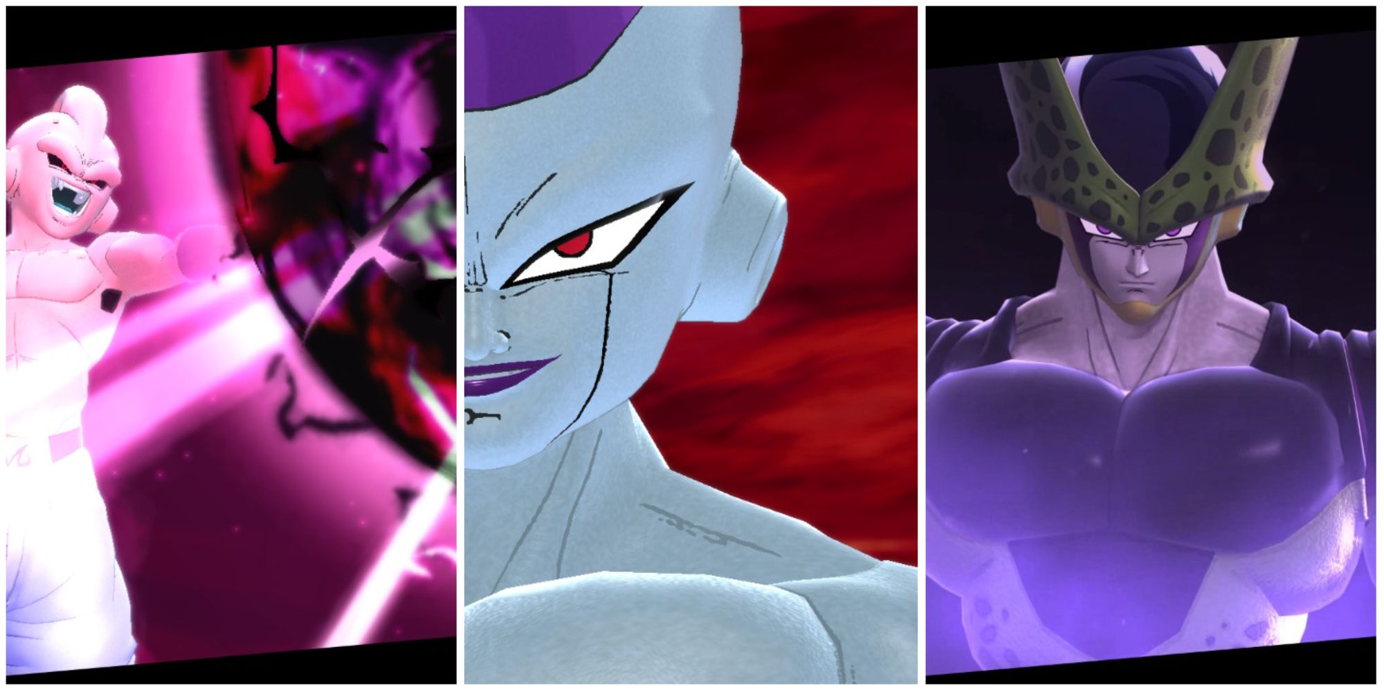 A collage of Kid Buu, Frieza's Fourth Form, and Perfect Cell in Dragon Ball: The Breakers.