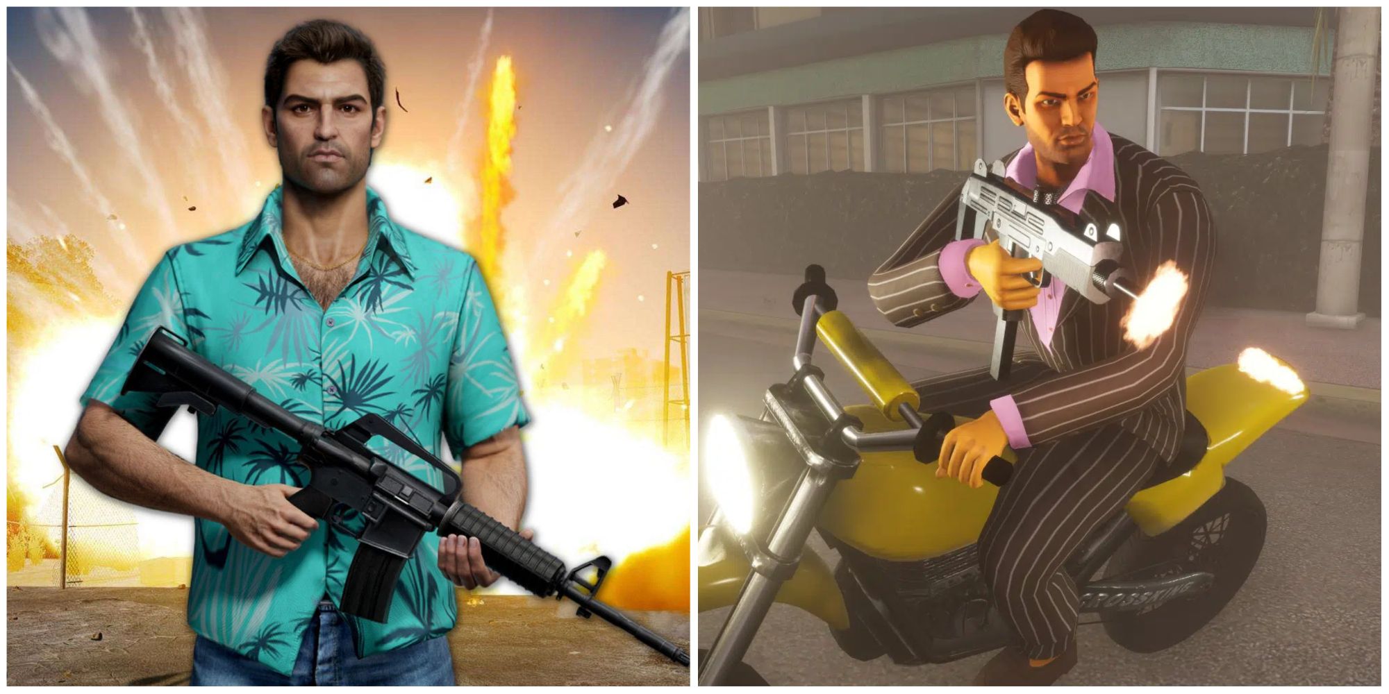 Tommy holding a gun in front of an explosion and on a motorcycle in Grand Theft Auto Vice City
