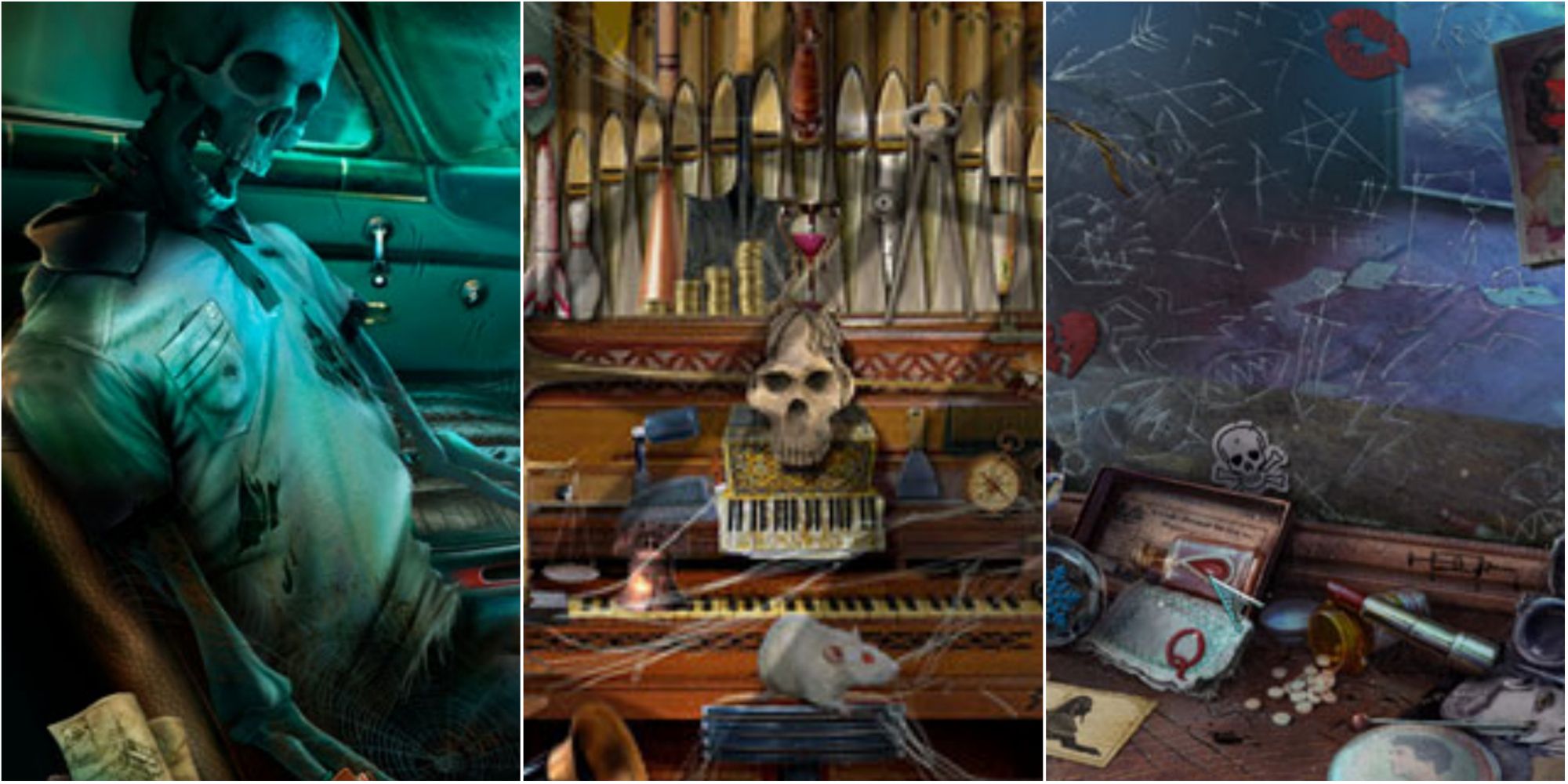 Three images in one, all featuring various skeletons and skulls