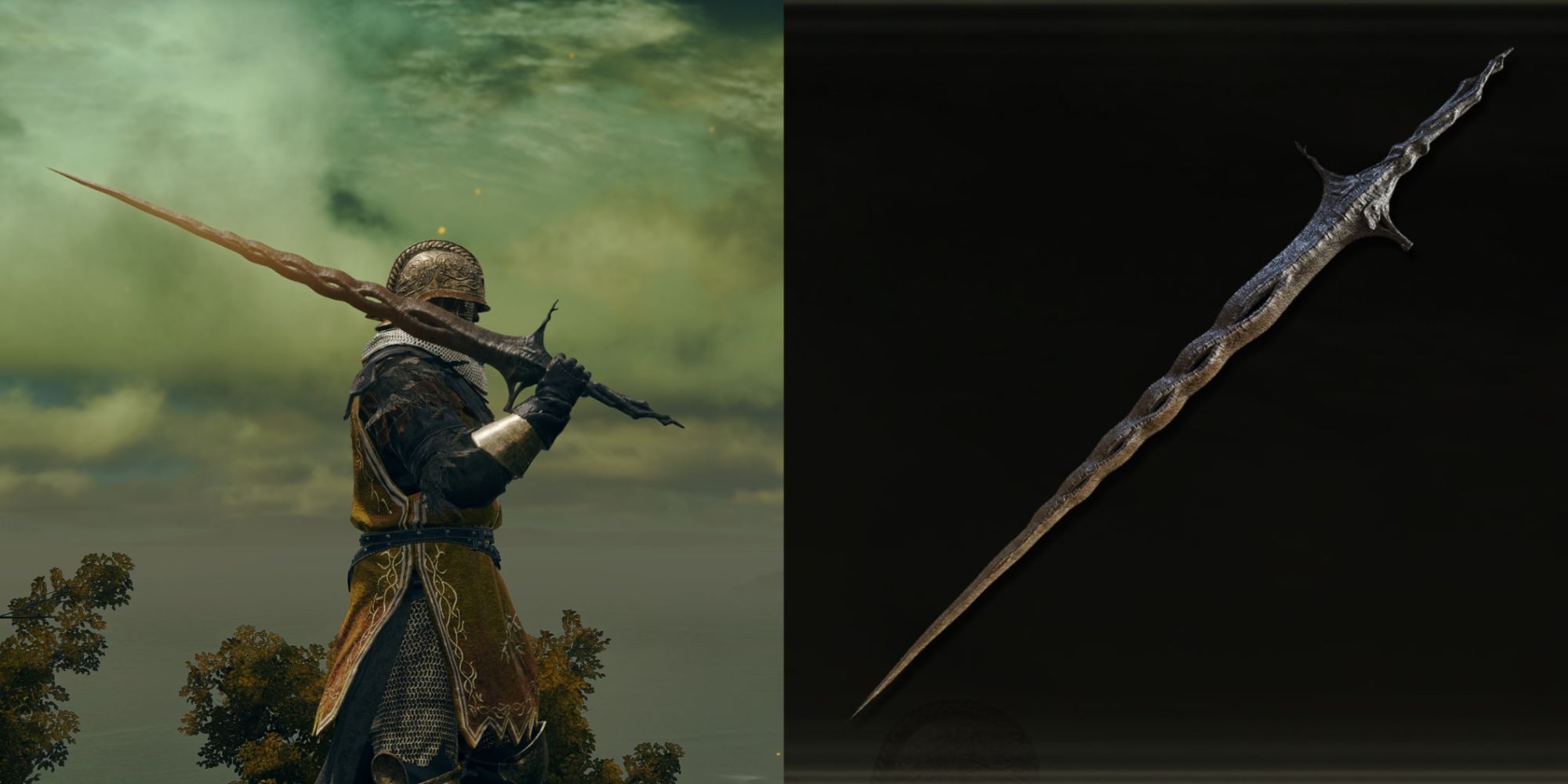 A split image of the Tarnished with the Sacred Relic Sword with a black background in Elden Ring.