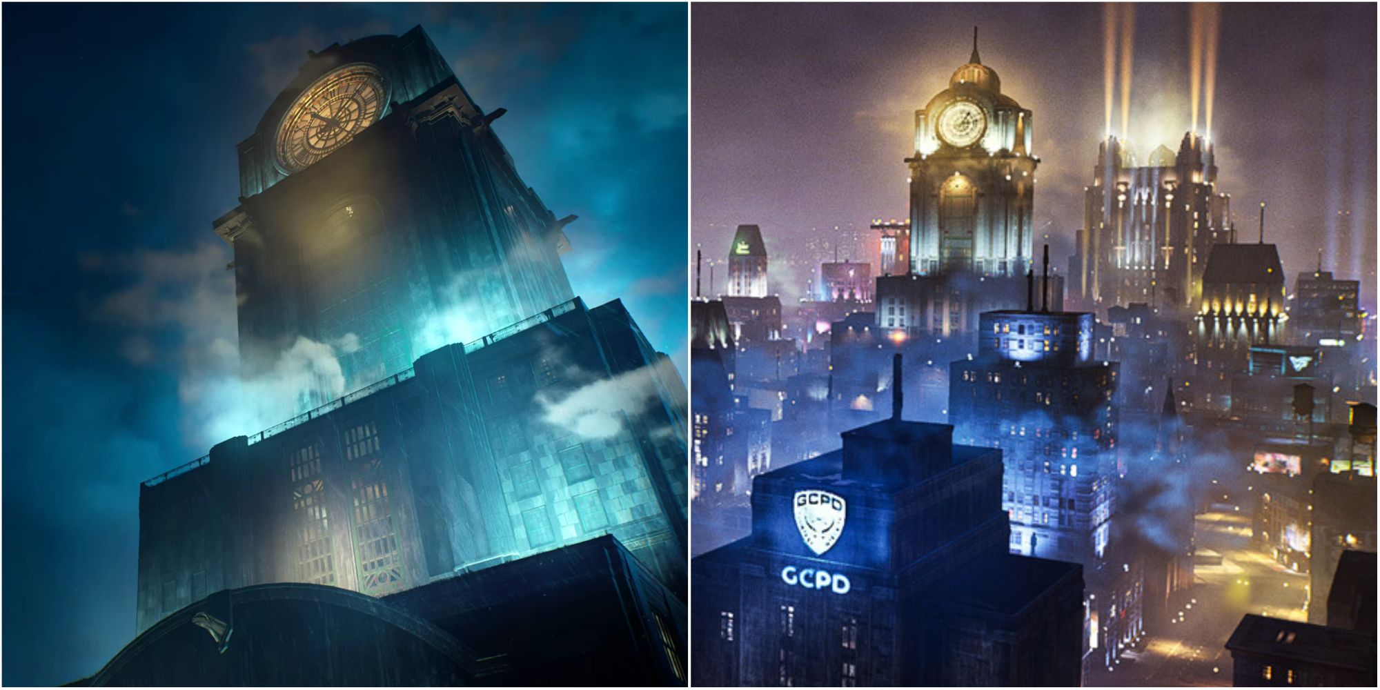Split screenshots of Gotham Knight's hub, The Belfry, from different views. 