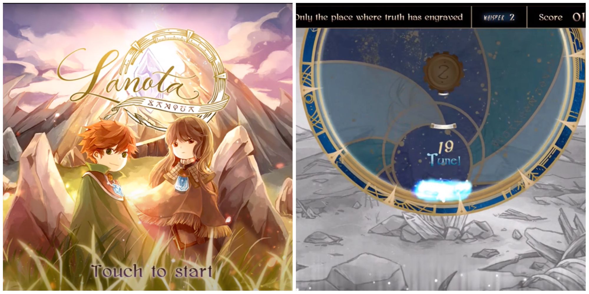 Lanota - Narrative rhythm games: title screen on left, gameplay circle on right