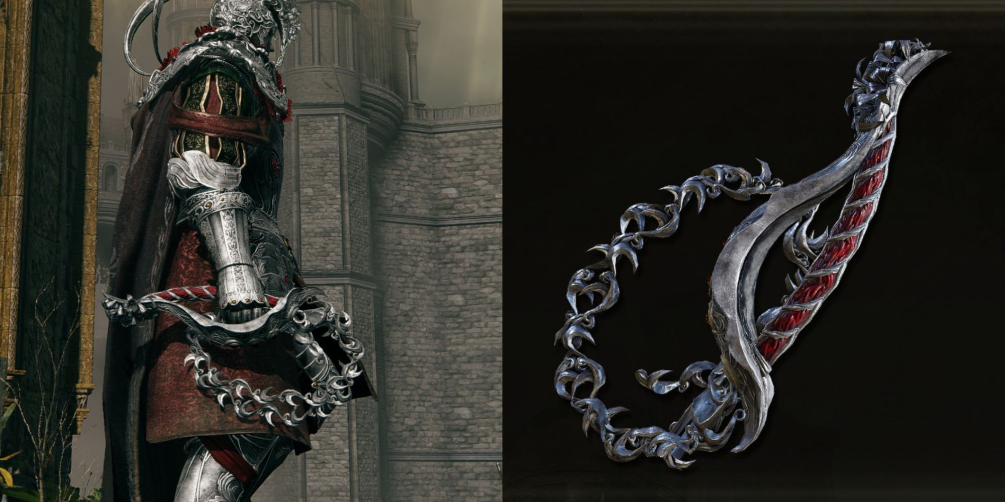 A split image of the Tarnished holding a whip, and Hoslow's Petal Whip in Elden Ring.