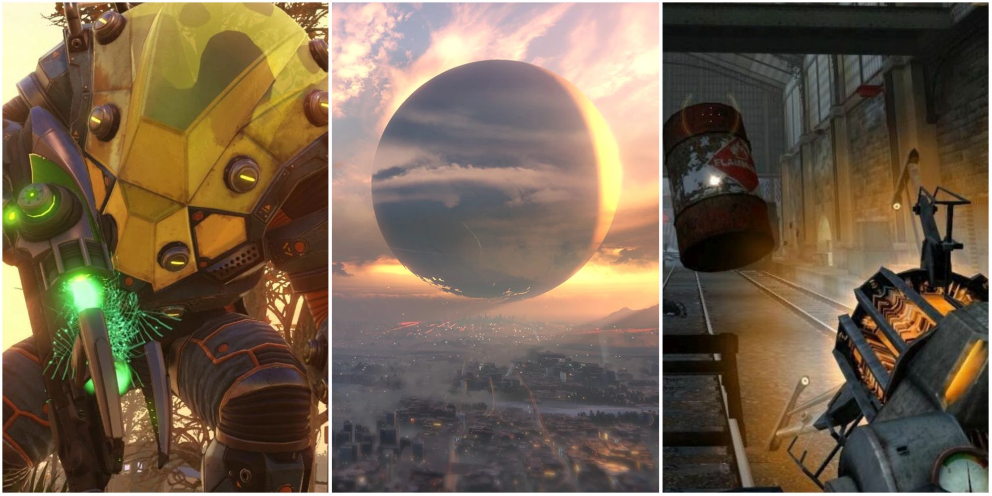 Collage of the Coolest Alien Technology In Games, including XCOM 2, Destiny 2 and Half-Life 2