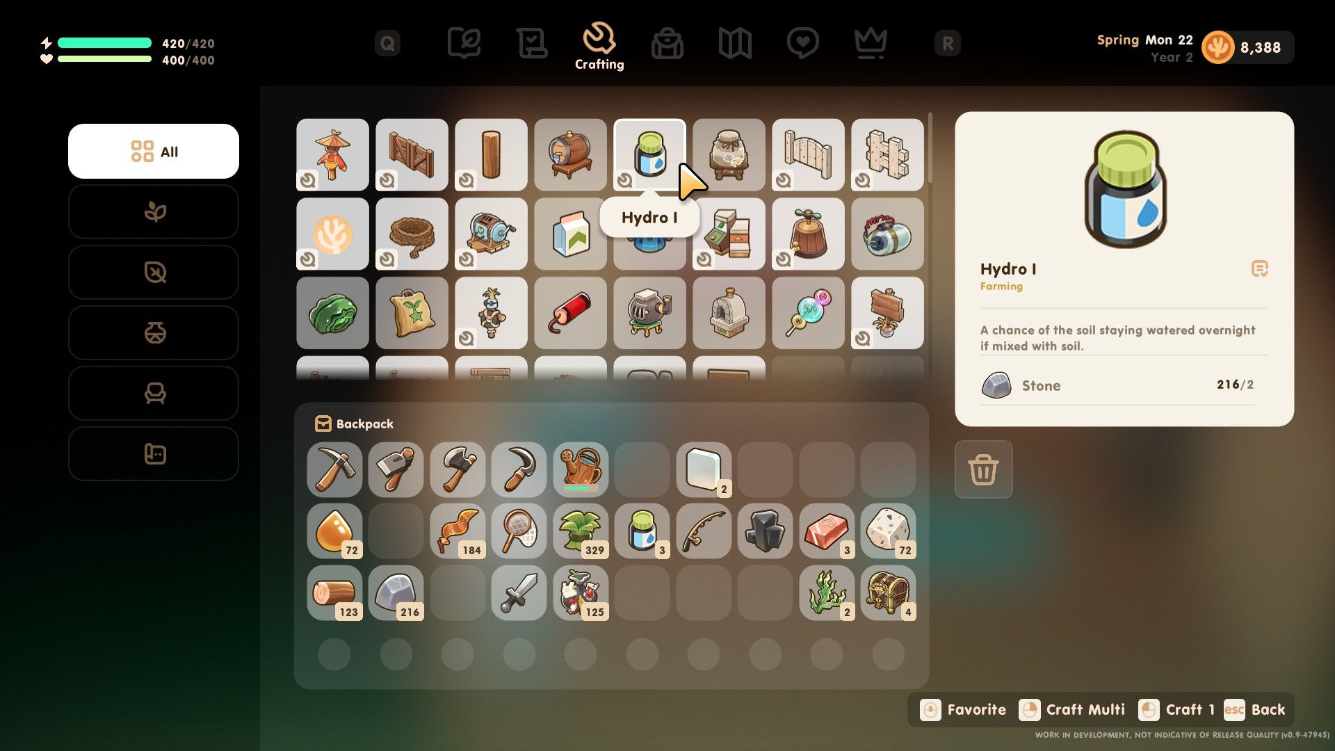 You can craft items such as Hydro 1 and fertiliser from the crafting menu in Coral Island