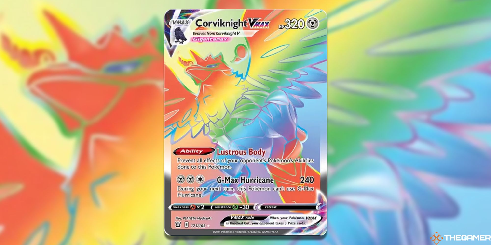 Pokemon TCG: Corviknight VMAX (Secret) from Battle Styles, with blurry background