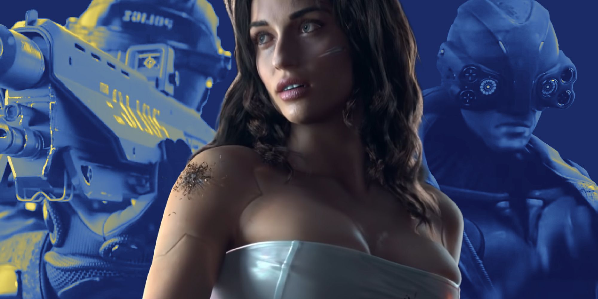 the woman from the Cyberpunk 2077 first trailer with cops around her