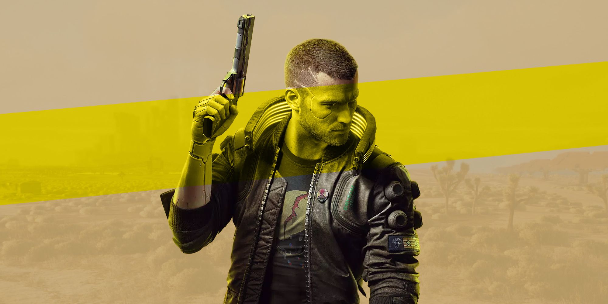 Cyberpunk 2077 V holding a gun with a yellow stripe across the screen