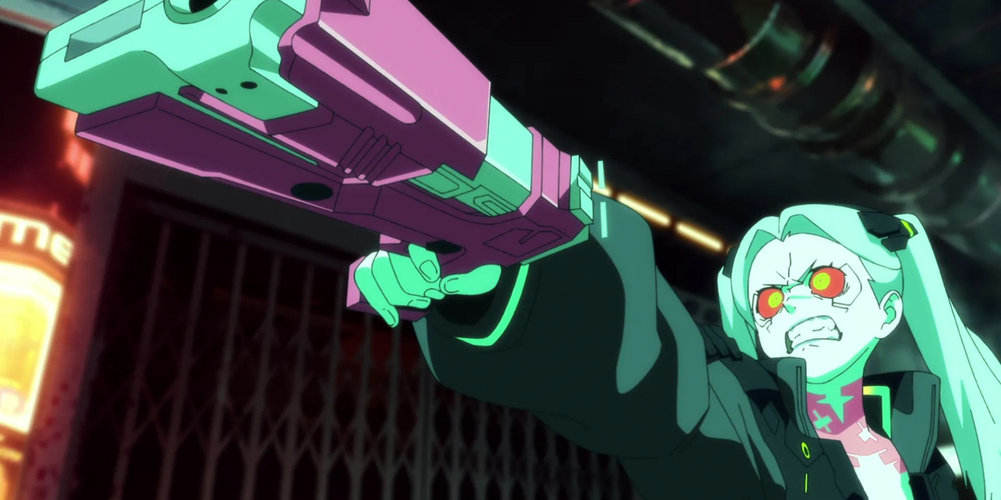 Rebecca pointing a pistol in Cyberpunk Edgerunners