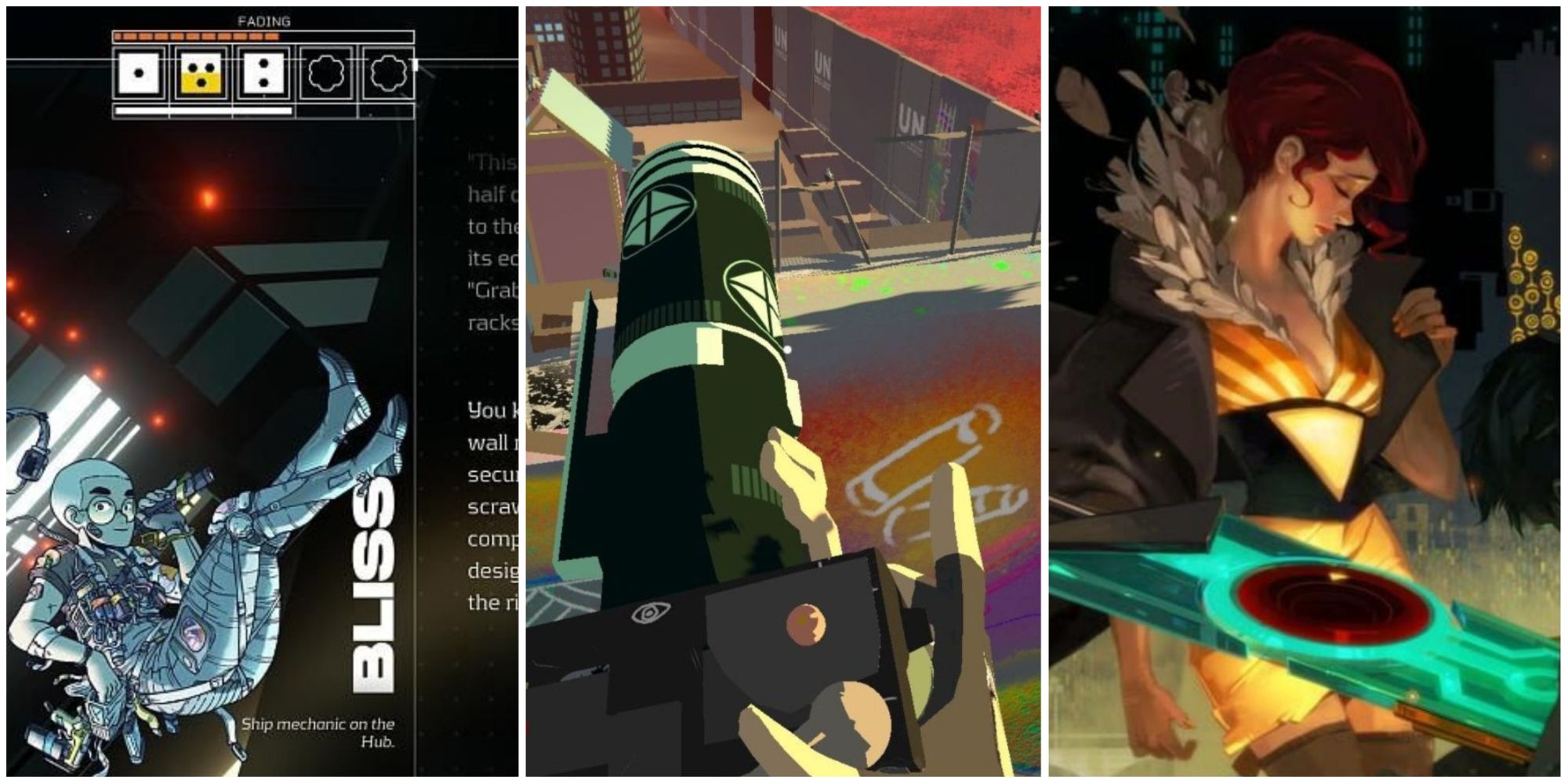 Portrait of Bliss from Citizen Sleeper, a camera being held up close in Umurangi Generation, and artwork of Red and the Transistor sword from Transistor, left to right