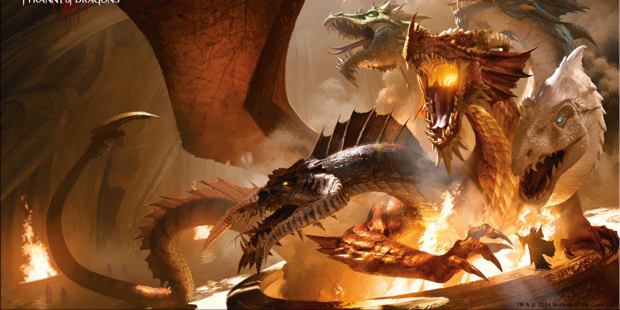D&D Tiamat Awakening and about to breathe some fire while a wizard stands on the ground in front