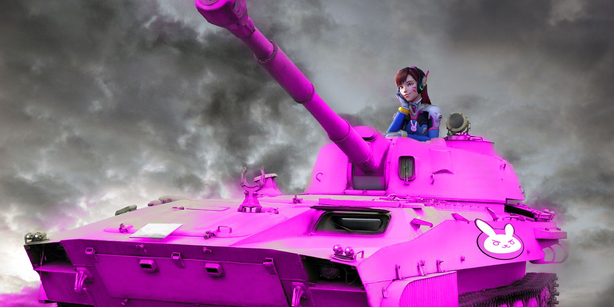 D.Va from Overwatch driving a pink military tank