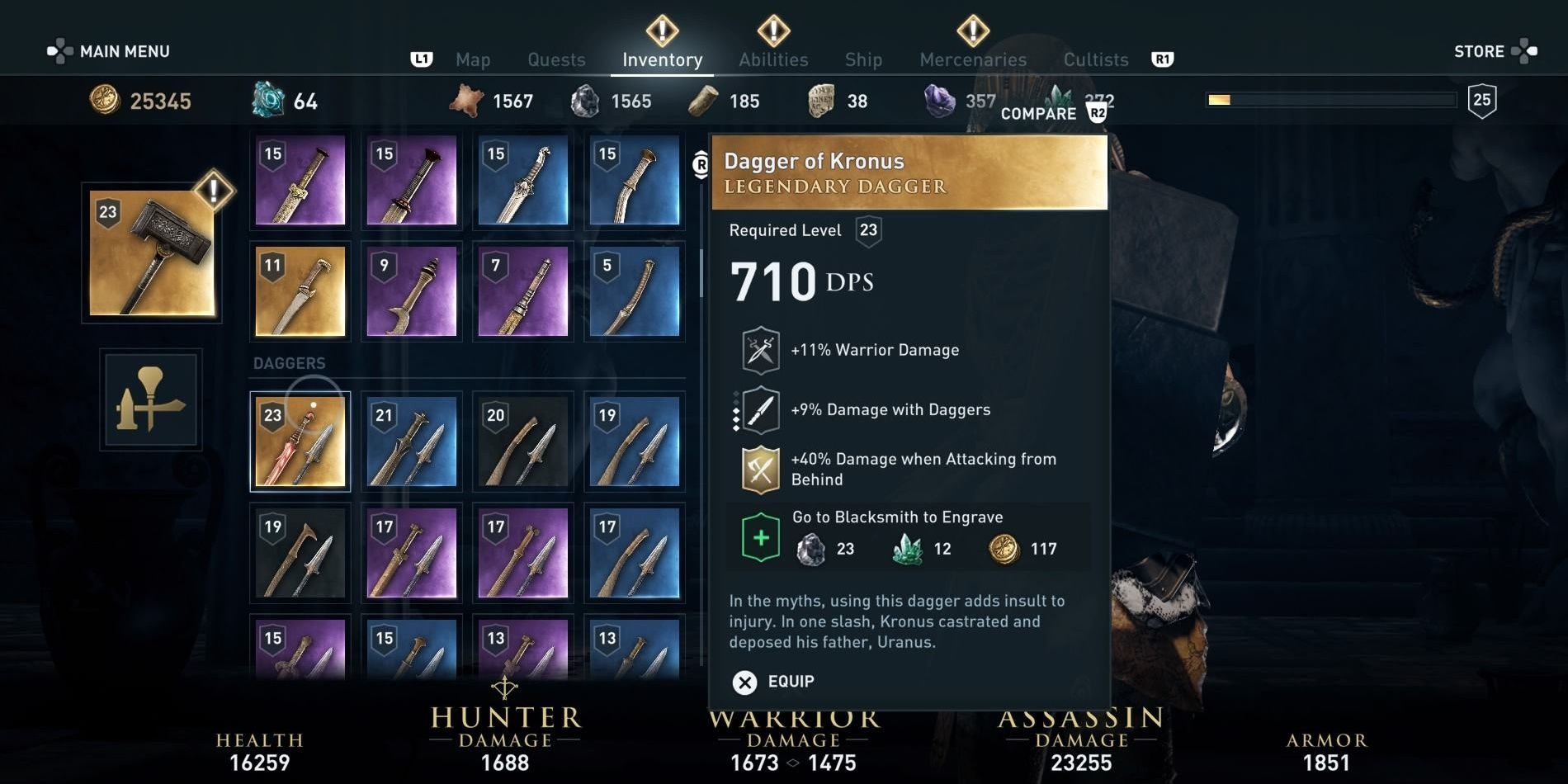 The Dagger of Kronus with the +40% Damage When Attacking From Behind Legendary Engraving in Assassin's Creed Odyssey