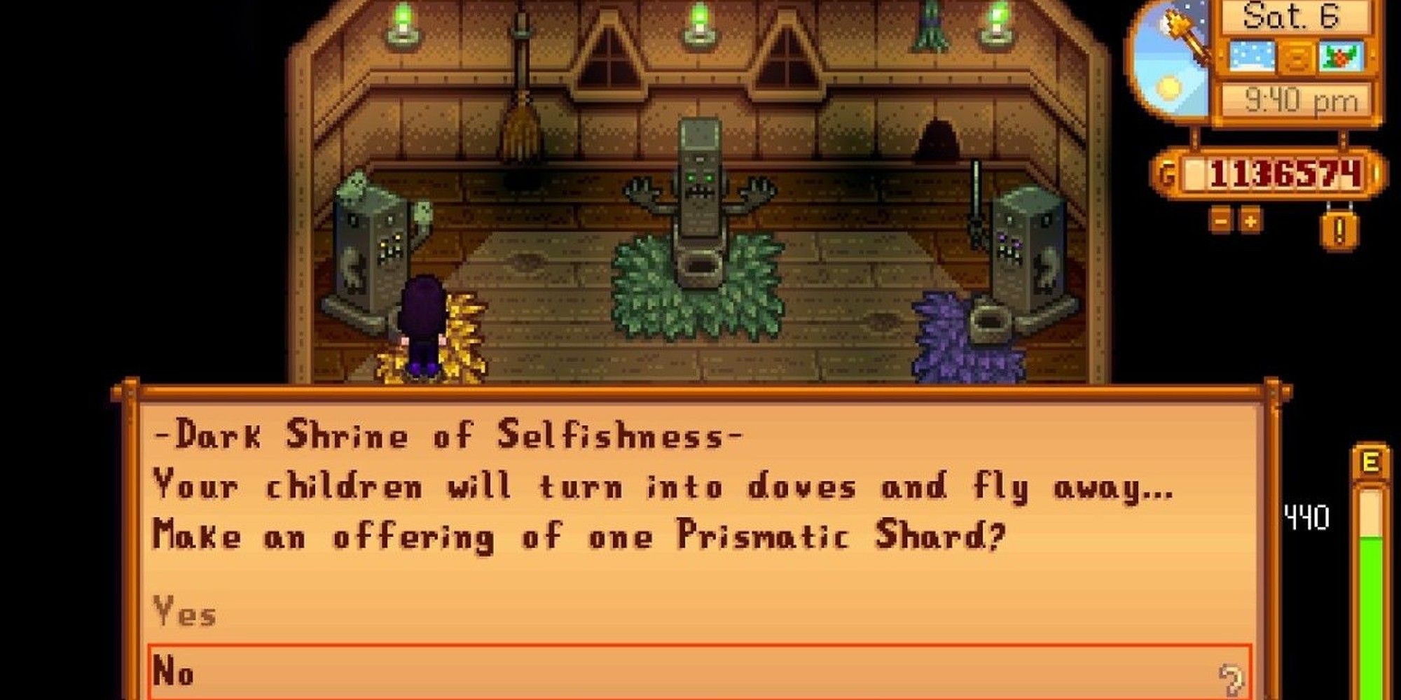 Stardew Valley Shrine Of Selfishness Dialogue Box, option to turn children into dove