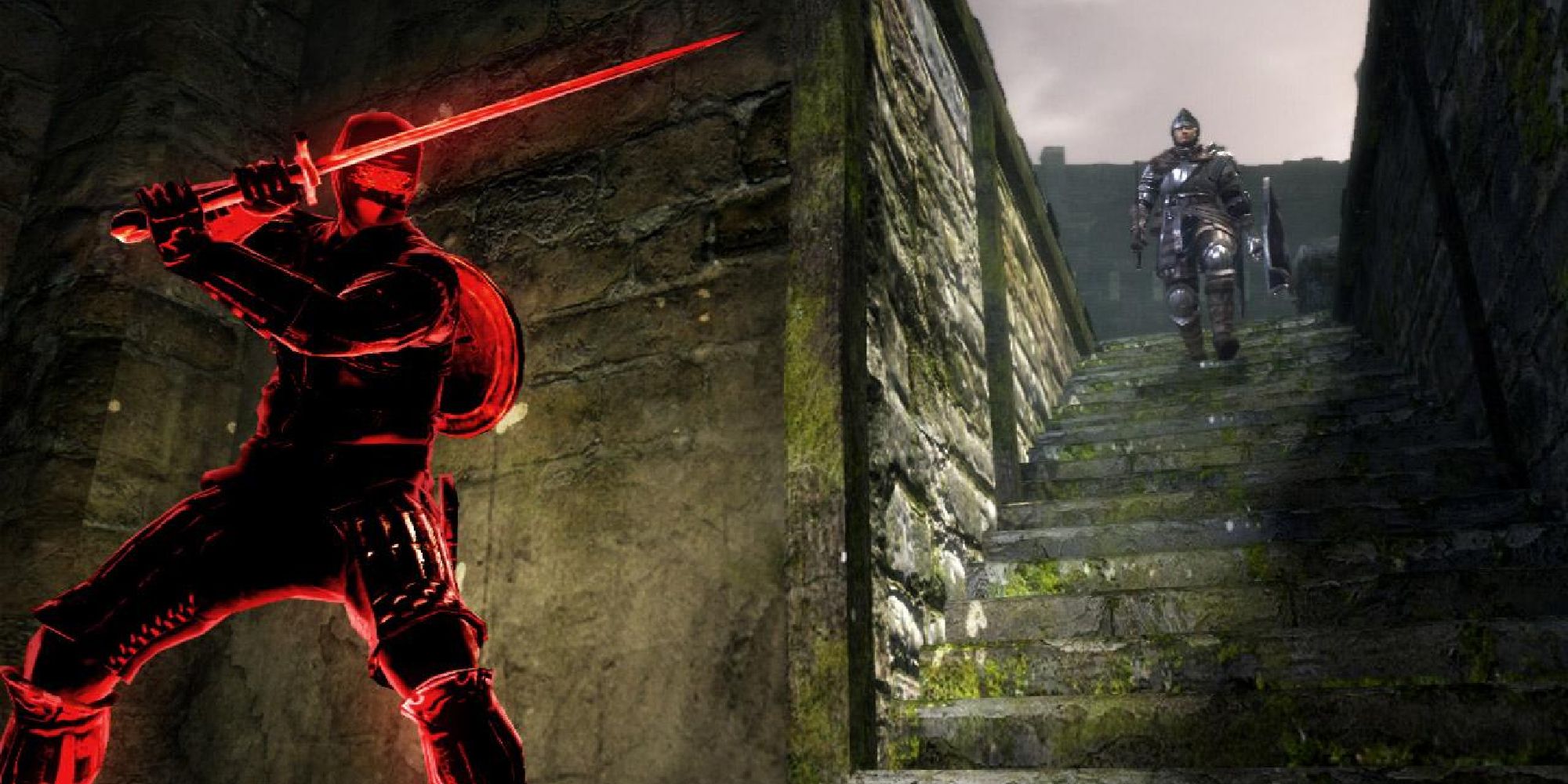 Dark Souls 1 red phantom invader hiding behind a corner while the host walks down the stairs