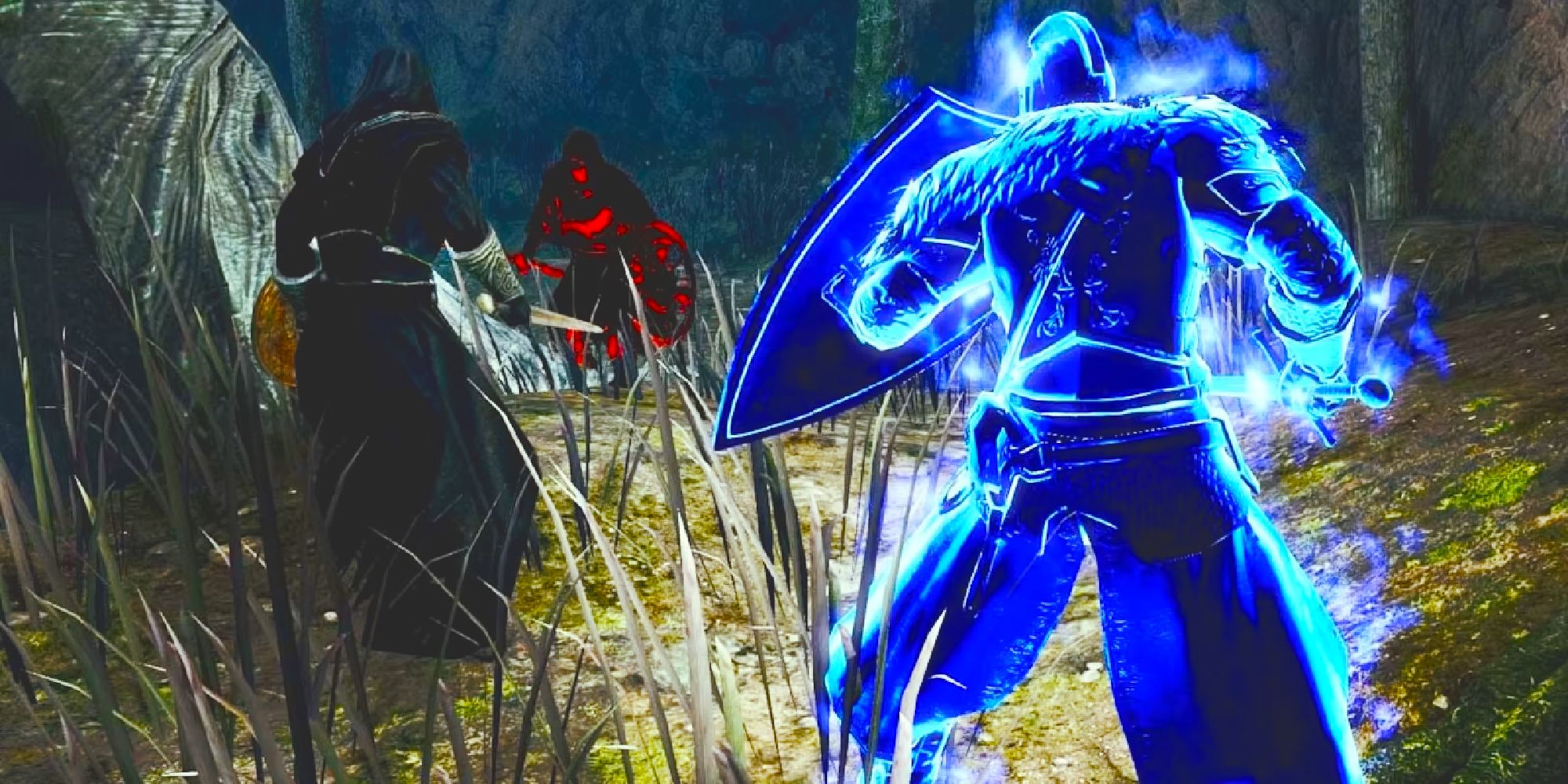 Dark Souls 2 glowing Blue Sentinel phantom helping a summon fight a glowing red invader in the woods