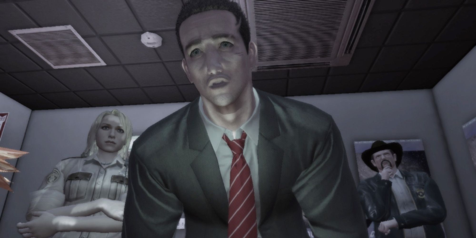 Francis York Morgan leans forward as Emily and George stand behind him in Deadly Premonition