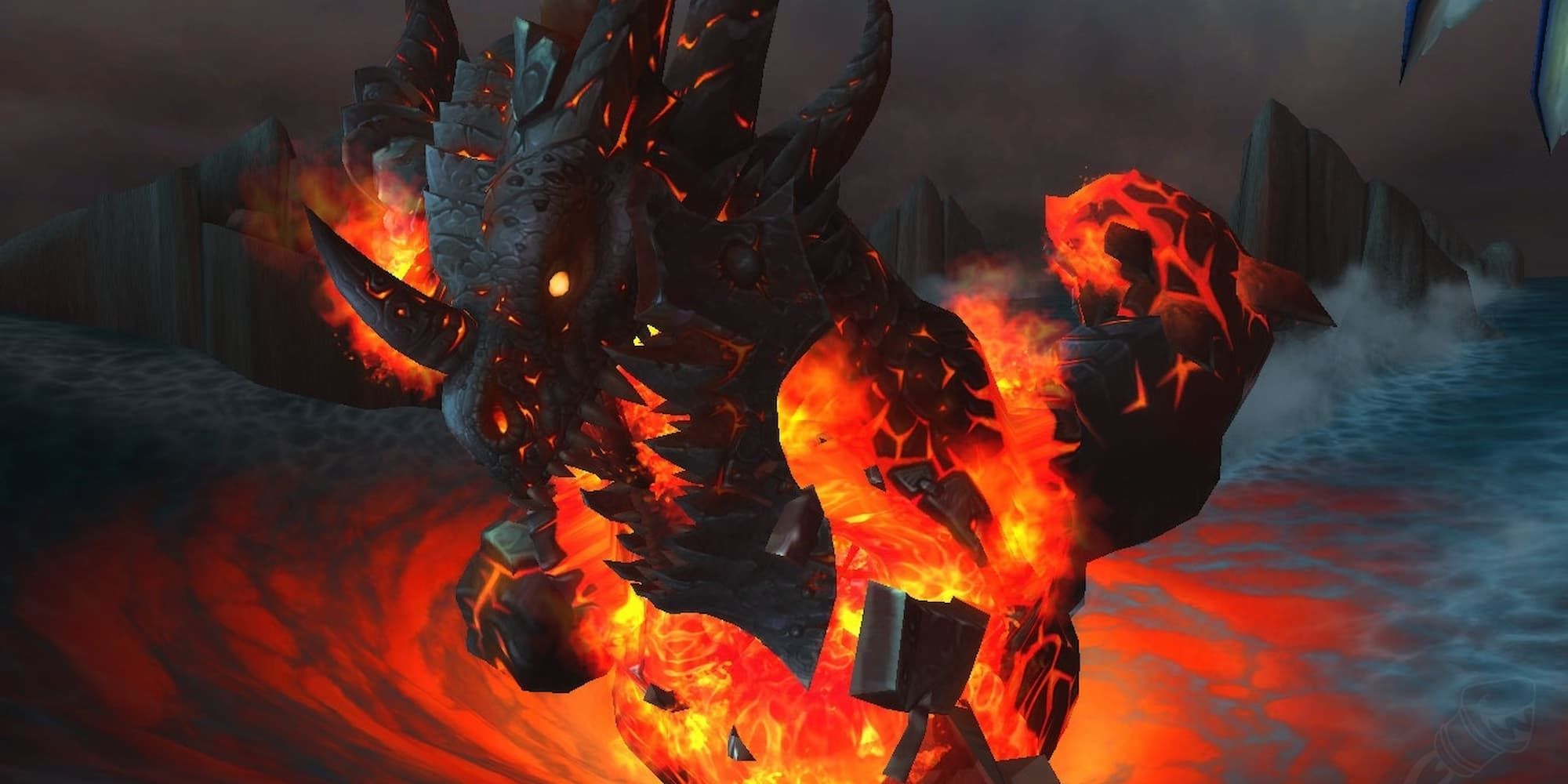 Deathwing the Destroyer lands in the ocean and is exuding lava from his body.