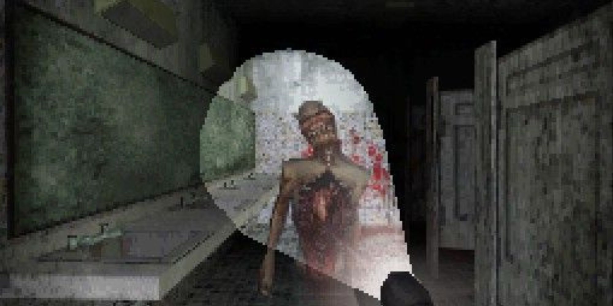 A flashlight shines on a zombie in a bathroom in Dementium: The Ward