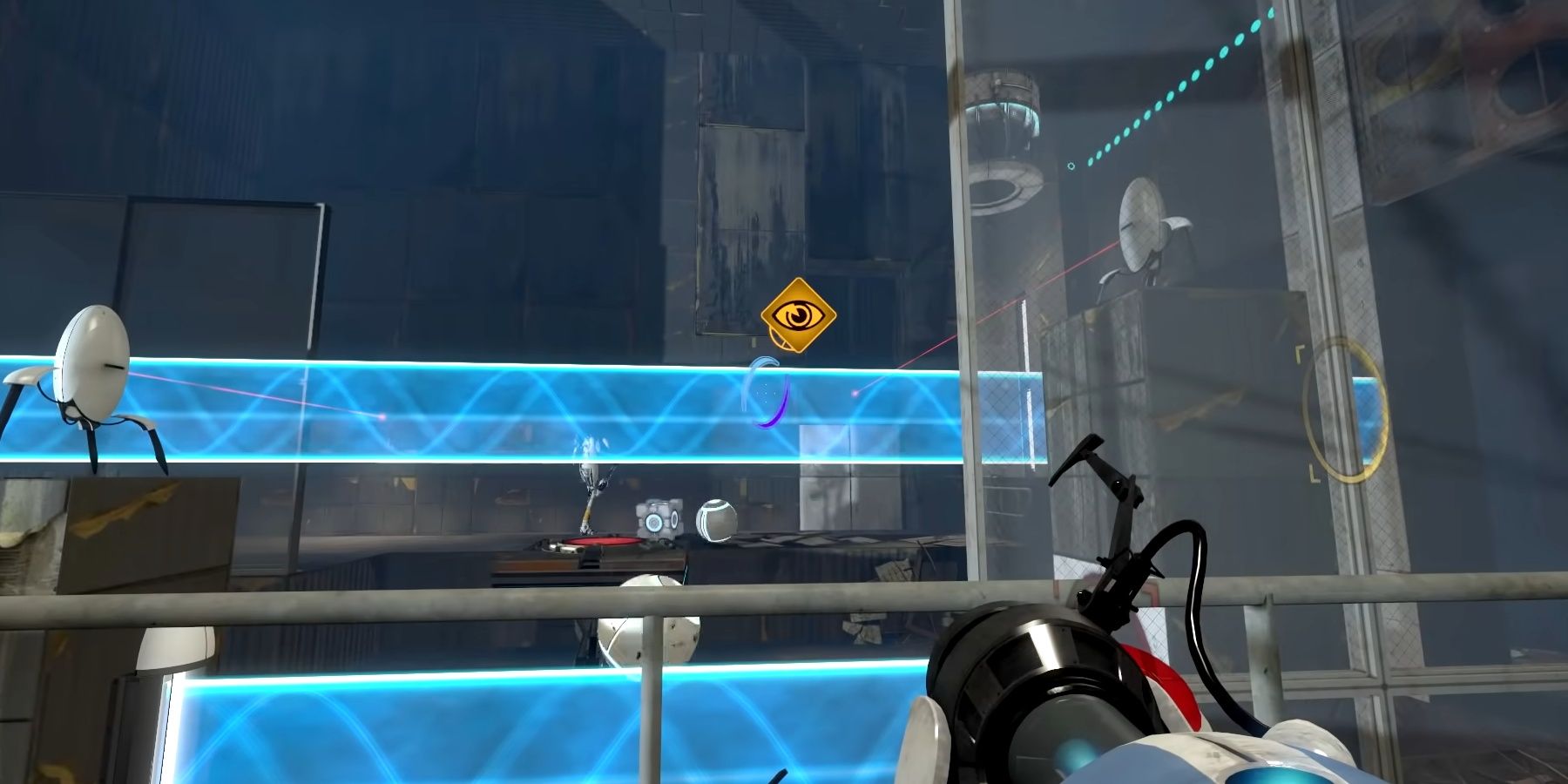 Directing your partner to pick up the cube from a puzzle in Portal 2