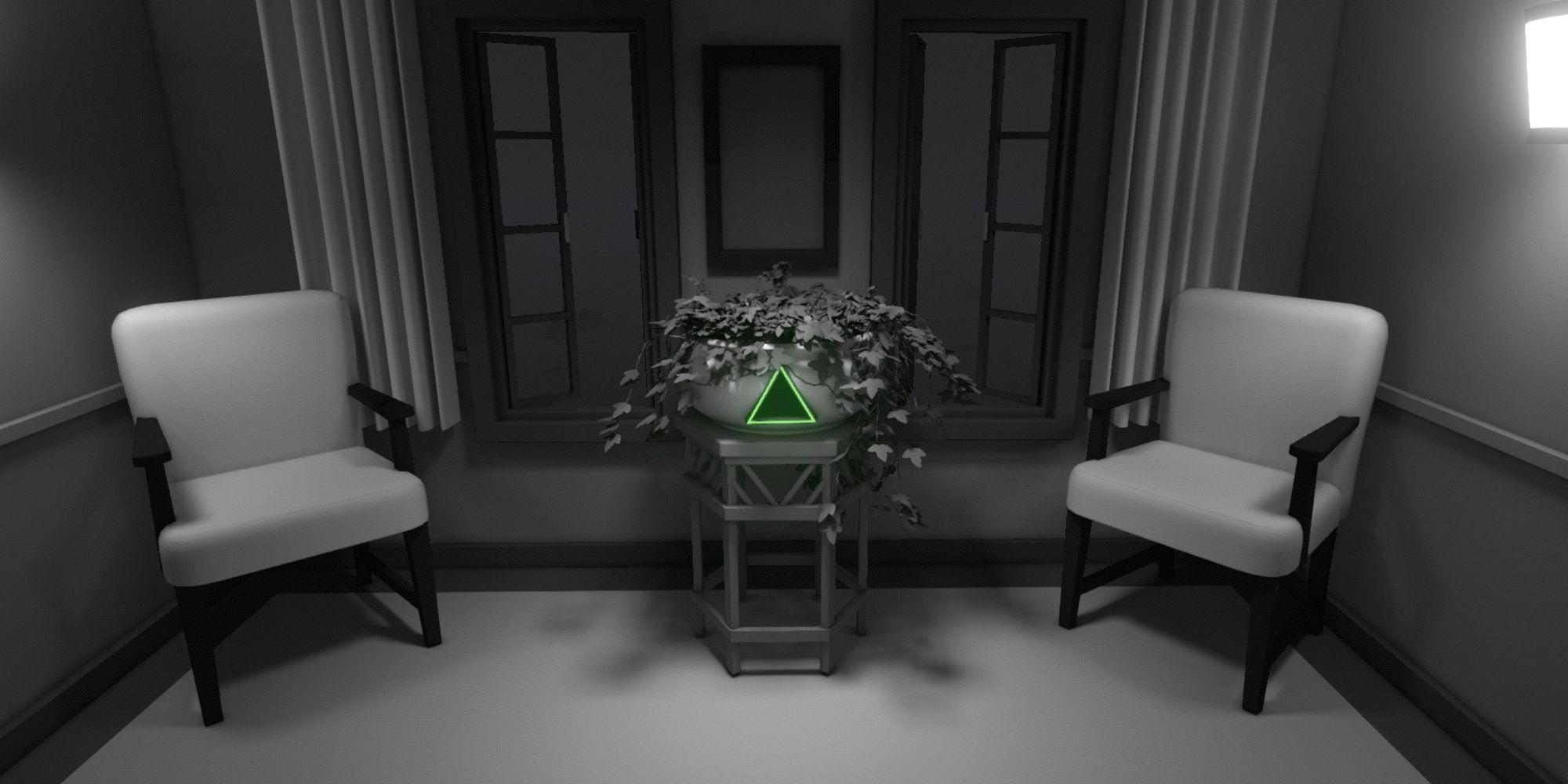 A black and white sitting room with a green triangle in the middle for a puzzle in Discolored