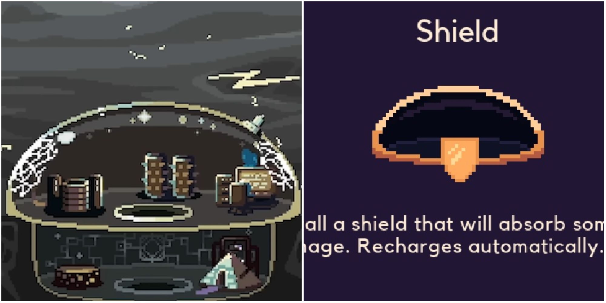 Left: The Shield with its Electric Field active / Right: The Shield option in the new run menu