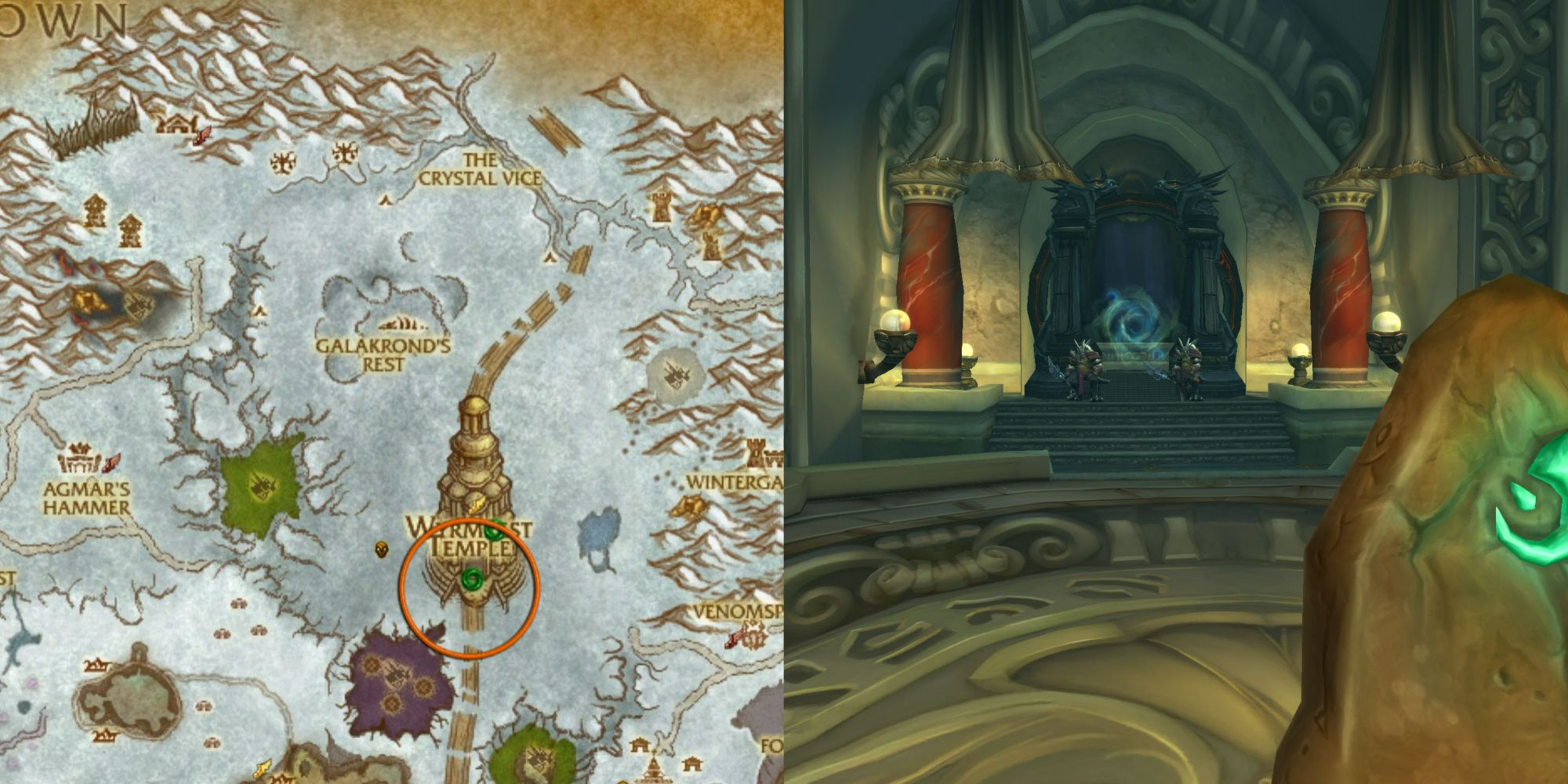 World of Warcraft Wrath of the Lich King split image of Dragonblight map and Obsidian Sanctum entrance