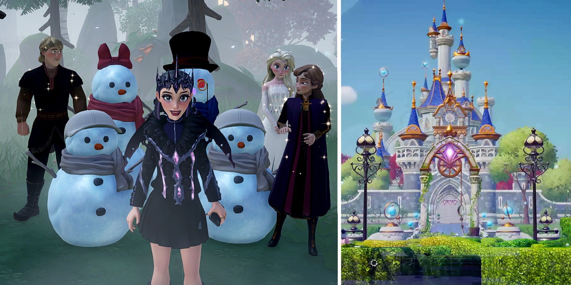 The Founder with the cast of Frozen and the enchanted castle in Dreamlight Valley