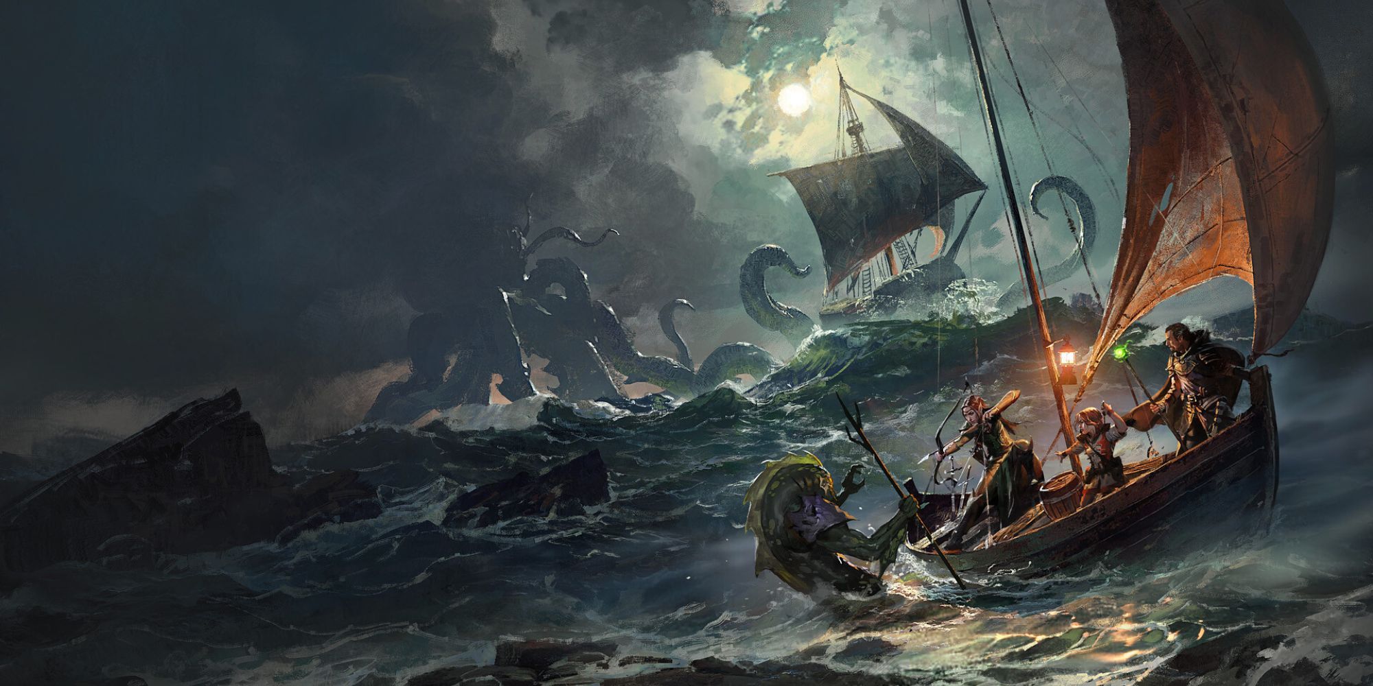 Dungeons And Dragons - Ghosts Of Saltmarsh Cover Art of boats being attacked by sea beasts