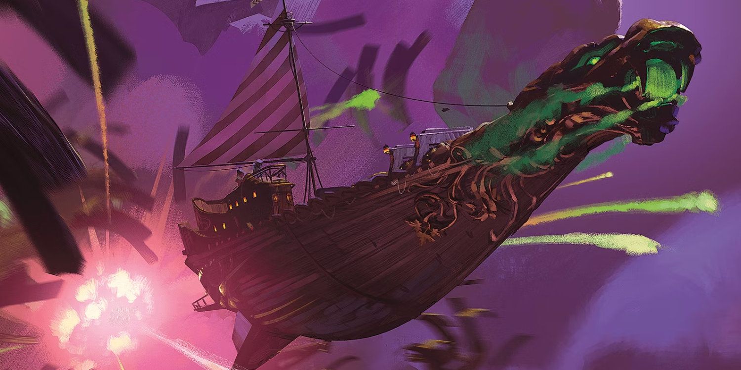 A spelljammer ship sailing away from an explosion