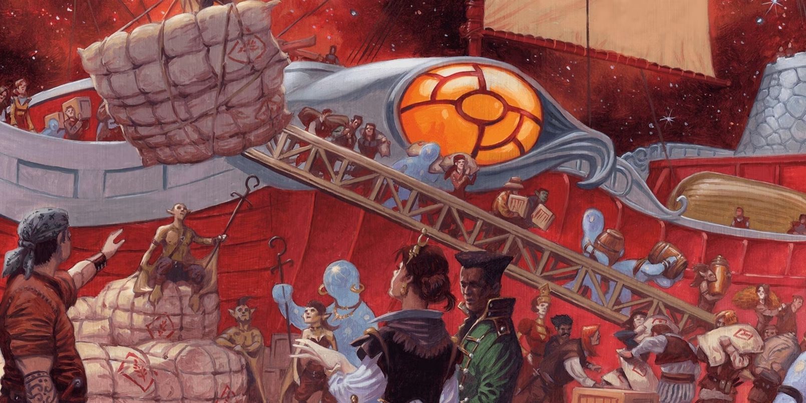 Image showing a Hammerhead ship from D&D Spelljammer, with people milling around loading the ship.