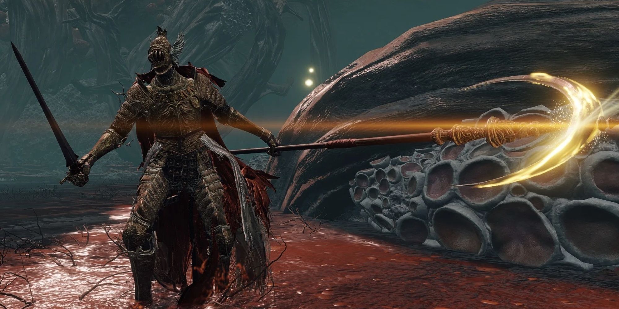 The Cleanrot Spear brandished by a cleanrot knight in Elden Ring.