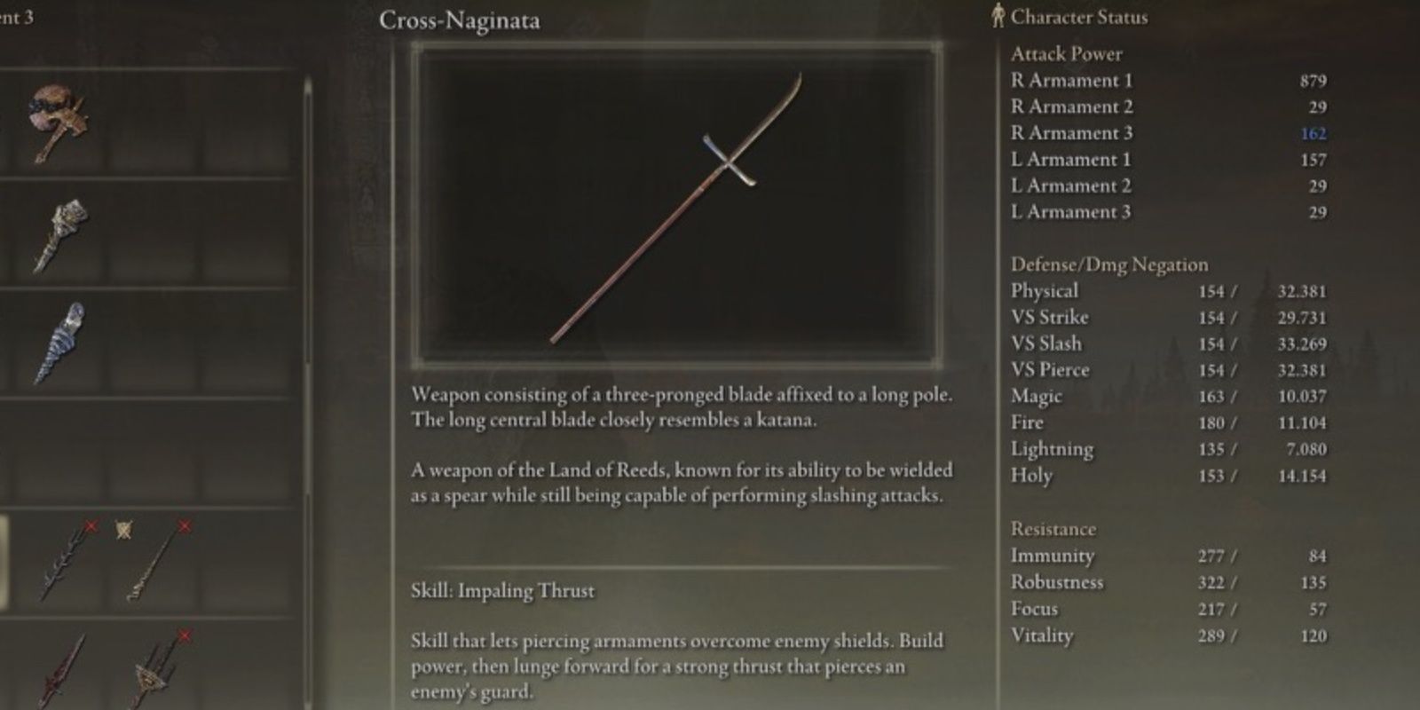 The Cross-Naginata's item description and stats in the inventory in Elden Ring.