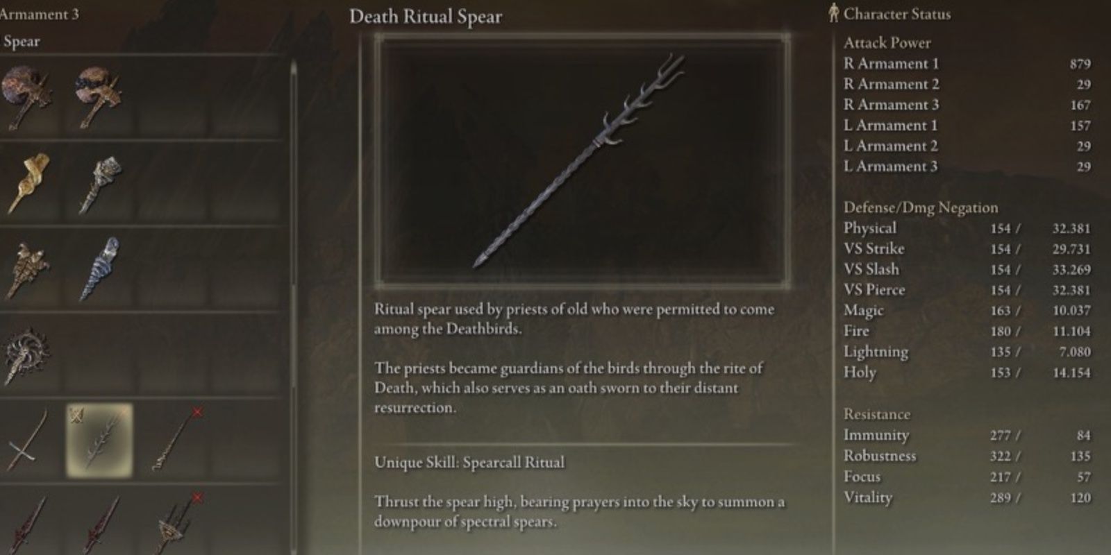 The Death Ritual Spear's item description and damage stats in the inventory in Elden Ring.