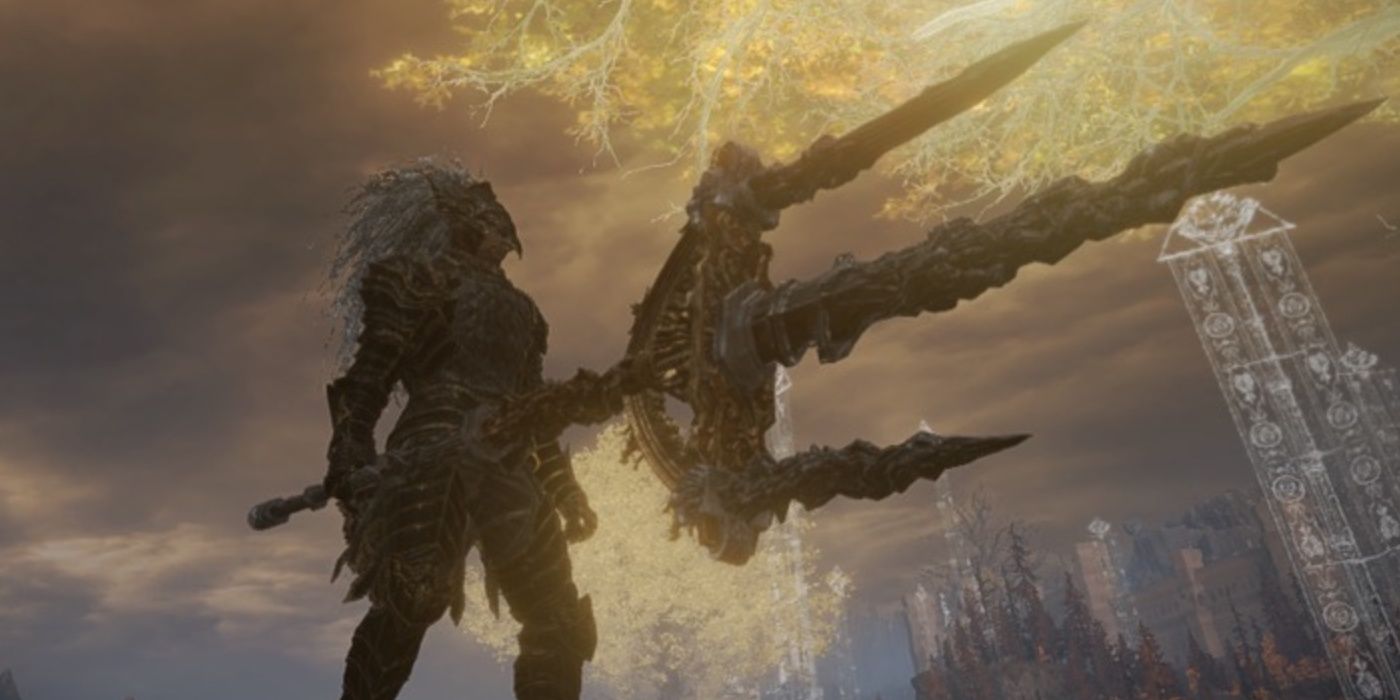 Mohgwyn's Sacred Spear wielded by the Tarnished with the Erdtree in the background in Elden Ring.