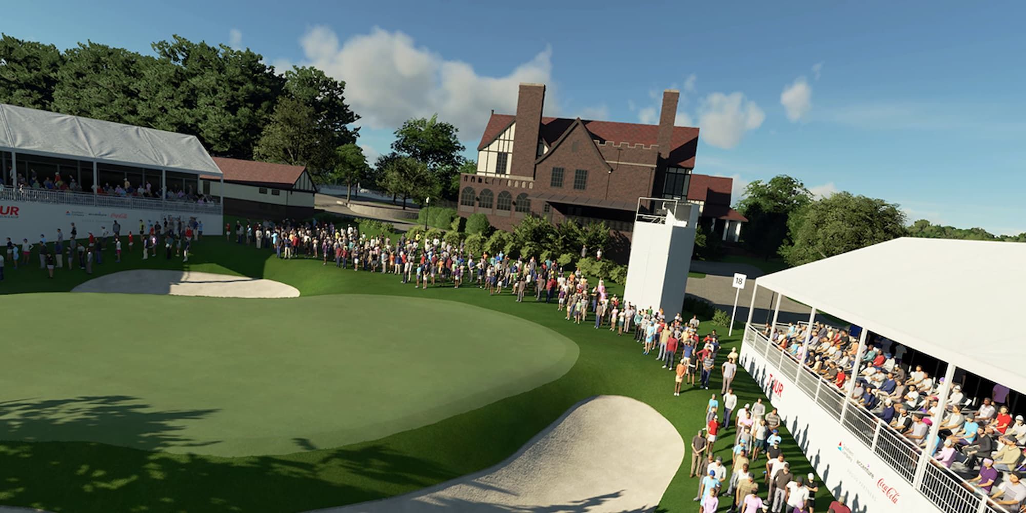 East Lake Golf Club hole 18 is filled with spectators and surrounded by trees and buildings.