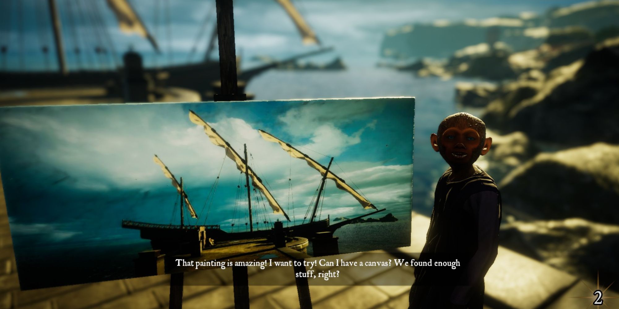 A monkey NPC commenting on art you made in Eastshade