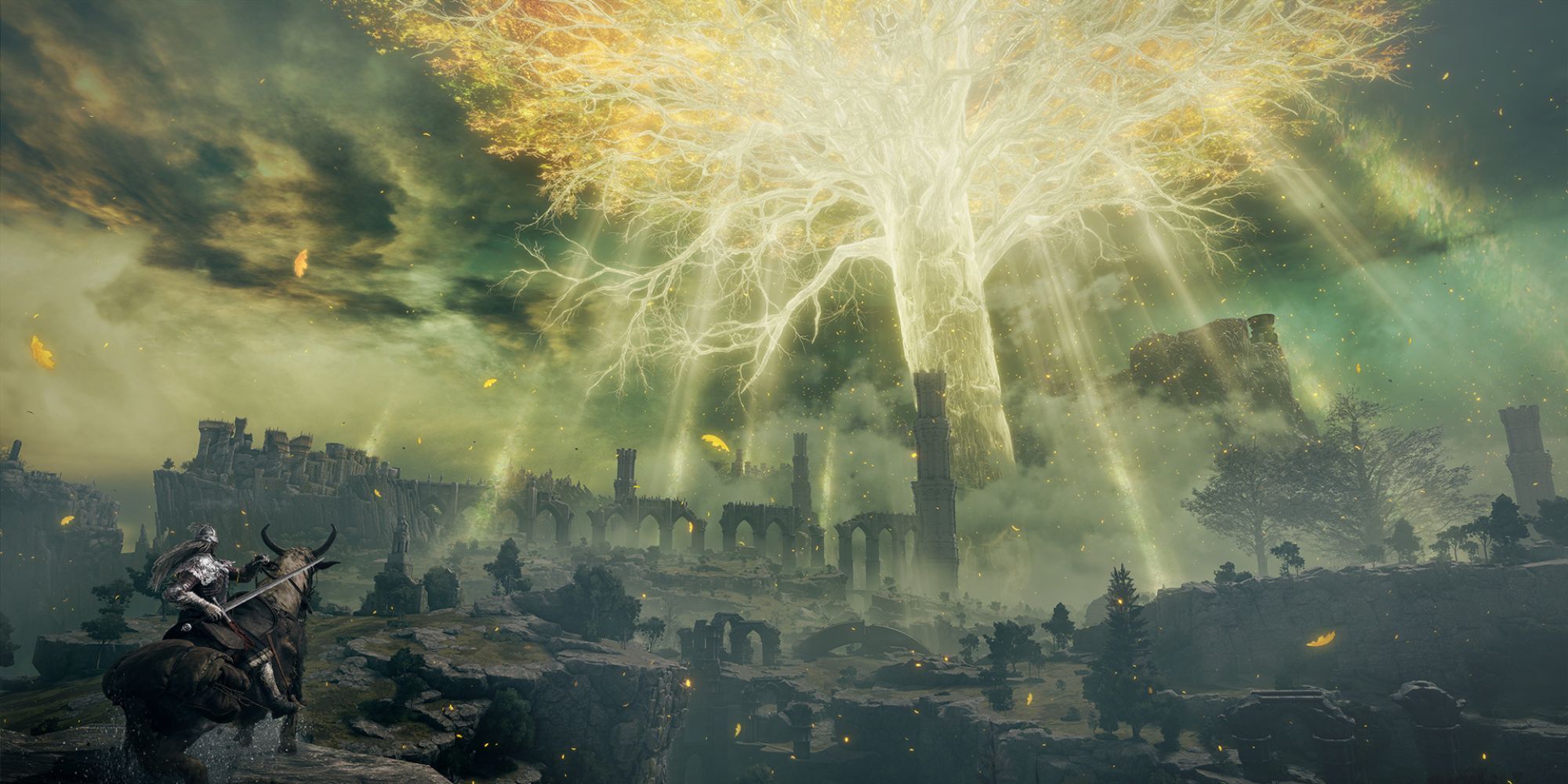 A screenshot from Elden Ring, the main character looks across ruins towards a glowing golden tree.