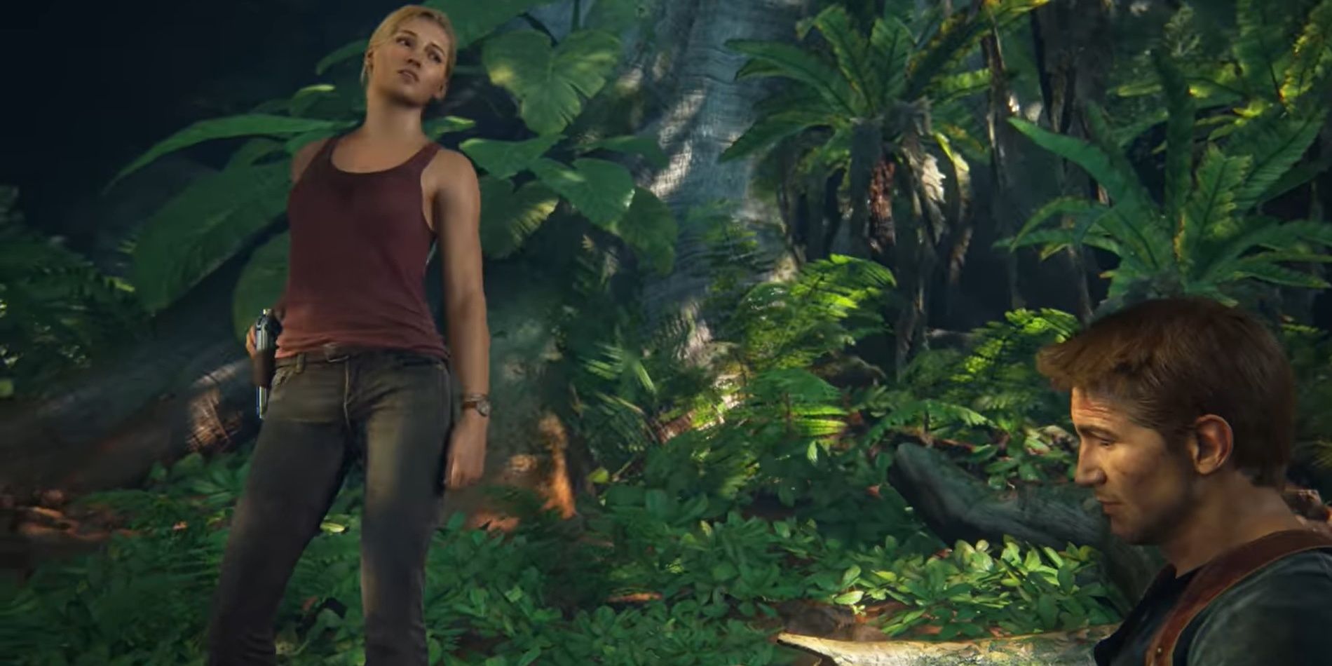 Elena Fisher is her Island skin talking to Nathan Drake in Uncharted 4: A Thief's End
